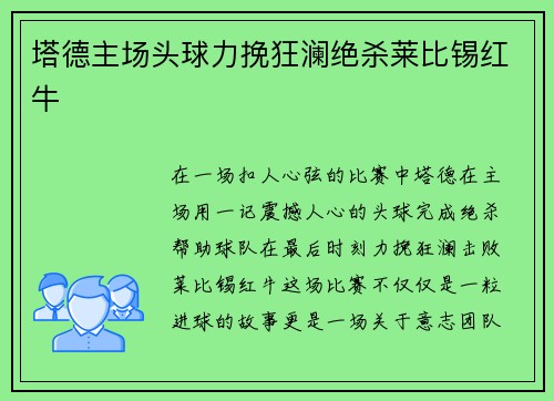 塔德主场头球力挽狂澜绝杀莱比锡红牛