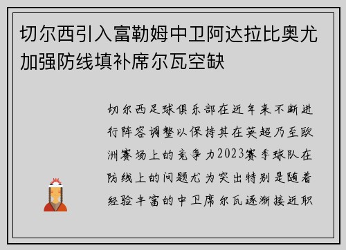 切尔西引入富勒姆中卫阿达拉比奥尤加强防线填补席尔瓦空缺