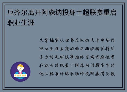 厄齐尔离开阿森纳投身土超联赛重启职业生涯
