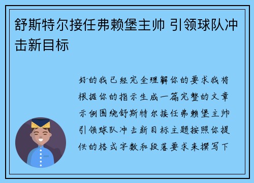 舒斯特尔接任弗赖堡主帅 引领球队冲击新目标